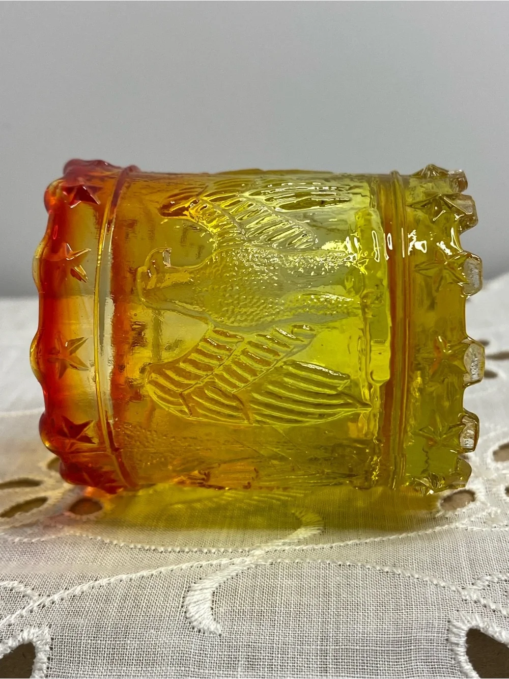 Vintage Kanawha Amberina Glass Toothpick Holder Eagle and Stars Patriotic Design